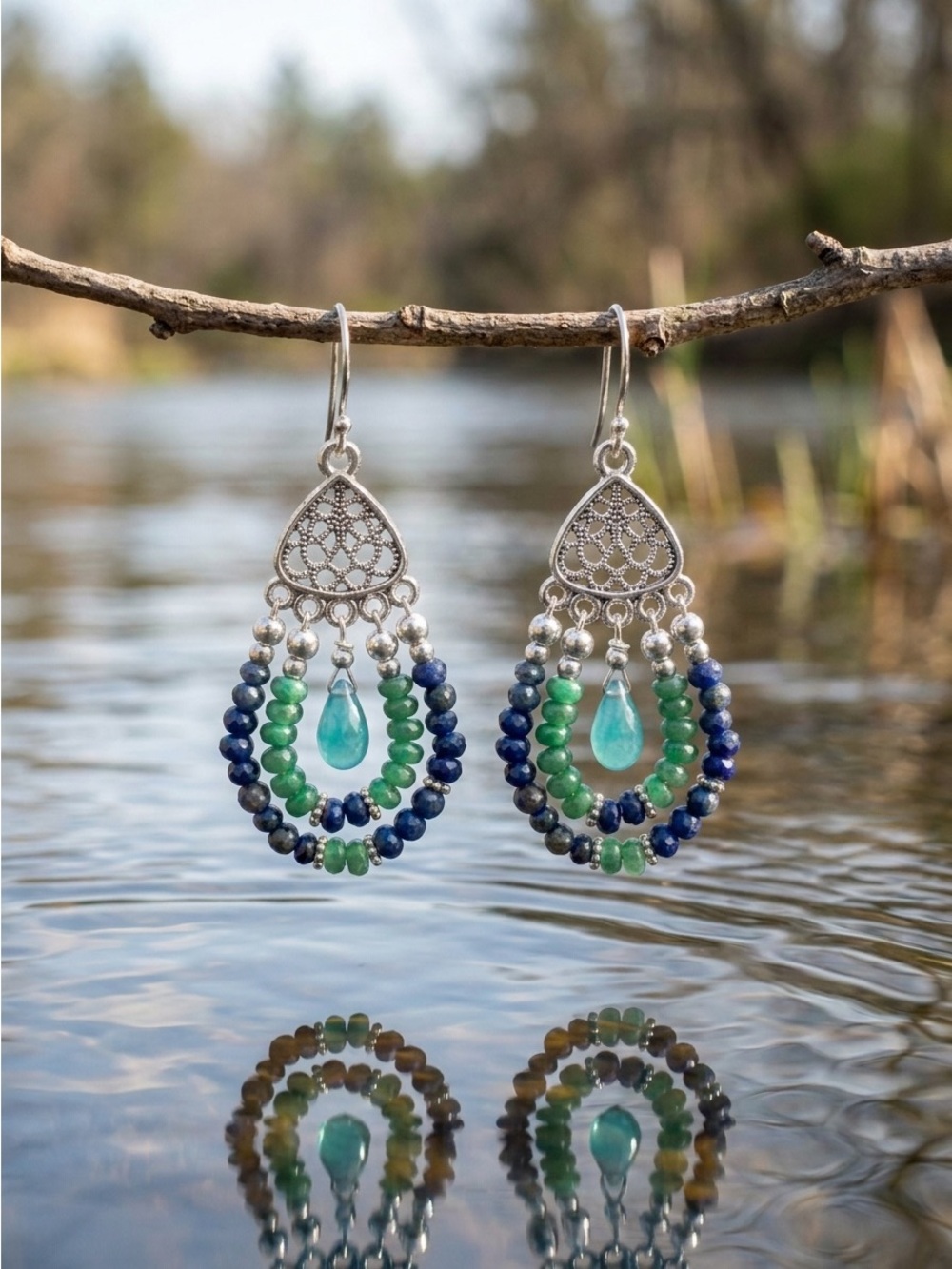 Boho Sterling Silver & Lapis Lazul Dangle Earrings